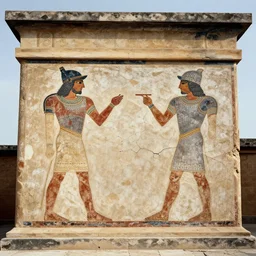 Wide shot of a Minoan temple wall painted with the image of a knight in full plate, painted with the image of a knight in full plate, painted with the image of a knight in full plate, cracked and faded in places, 1920s archeologically photo