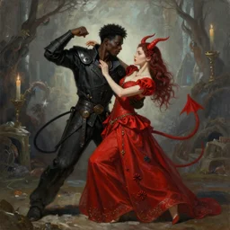beautiful painting of black man and a female devil in red dress are dancing together, in style of Dark Souls 3 and Elden Ring, fantasy matte painting, golden ratio, trending on cgsociety, cinematic, trending on artstation, highly detailed, vibrant