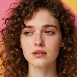 a colorful vibrant closeup portrait of a simple caucasian woman with curly mid length brown hair with a calm afraid aesthetic face crying a single tear and dreaming psychedelic hair, by kawase hasui, moebius, edward hopper and james gilleard, zdzislaw beksinski, steven outram colorful flat surreal design, hd, 8 k, artstation