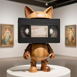 VHS ,futurepunk ,concept art ,trending on cgsociety ,artwork masterpiece ,in a contemporary art gallery, lossless quality ,figurine wooden sculpture on feet art toys ,a very cute mystical robot of the bohemian with cat’s ears  ,by Alphonse Mucha