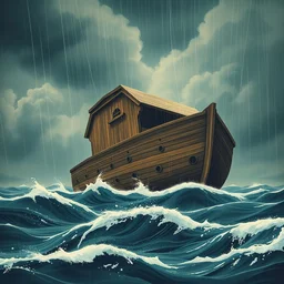 huge massive noah's gigantic wooden ark boat on huge stormy seas dark clouds and rain, limited neutral palette, by pascal campion, petros afshar, anton fadeev, dean ellis, randolph stanley hewton, beautiful graphic, propaganda poster art 1 9 7 0 s illustrated advertising art, painterly design