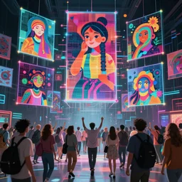 cinematic shot cyberspace of creativity, large floating holographic moving images, hyper realistic, mood lighting, fantasy, detailed happy people creating colorful diverse art, highly detailed, super realistic, perfect lighting pixel sorting, style sheet