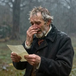 a beautiful artwork of an old man holding a letter and crying in the rain by rembrandt featured on artstation