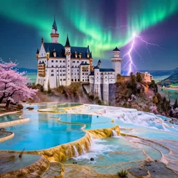 neuschwanstein castle on pamukkale thermal waters flowing down gold travertine terraces in royal blue antelope canyon during sakura season on an interstellar aurora borealis with heavy thunder and lightning, pink waterfalls, rainbow, by peter mohrbacher, james jean, james gilleard, greg rutkowski, vincent di fate, rule of thirds, octane render, beautiful landscape