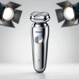 philips shaver, studio photo, white backdrop, studio light, solid works, octane render, silver, blue, black design