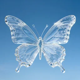 a transparent water sculpture of a butterfly, blue background