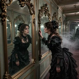 a beautiful victorian woman is frightened by her doppleganger in a mirror. she is in a long hallway of mirrors. victorian interior, with many mirrors, twins, elegant design, haunting atmosphere, dark lighting, gothic, horror style, scary, swirling fog, volumetric lighting, by greg rutkowski, realistic, dutch angle, 3 / 4 view.