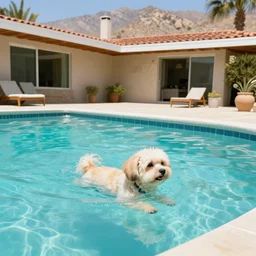 medium shot of one cream colored havanese dog swimming in a swimming pool at a mid century modern house in palm springs by david hockney