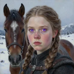portrait of a nordic girl with violet eyes in a snowy tundra, the girl with violet eyes has a horse, set in game of thrones. by Daniel F. Gerhartz, hyperrealistic oil painting, 4k, very detailed faces, studio lightning
