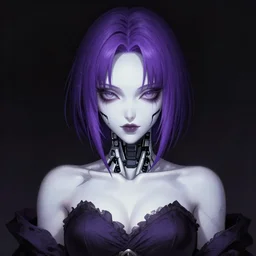 Image of a gorgeous grown up anime women as a evil witch with purple short smooth shiny hair , pale white skin , open robotic eyes , artstation , 4K , Highly detailed , high quality , dramatic lighting , drawn by Yusuke Murata , elegant, highly detailed, centered, digital painting, artstation, concept art, artgerm, donato giancola, Joseph Christian Leyendecker, WLOP, Boris Vallejo, Artgerm