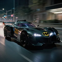 A film still of the 2025 Batmobile prototype driving through Gotham at night, 8k