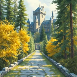 a highly detailed watercolor painting by greg rutkowski and thomas kinkade of a stone path through a forest of green and yellow trees leading to a huge stone castle, highly detailed, watercolor