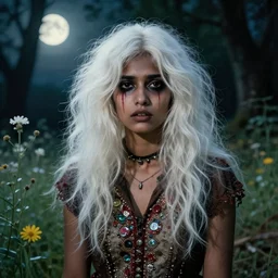 a beautiful but creepy young indian woman in layers of fear, with haunted eyes, violence in her eyes, crazy white hair, wearing a punk outfit, 1 9 7 0 s, seventies, delicate embellishments, a little blood, woodland, moonlight shining on wildflowers, painterly, offset printing technique, by alexandre cabanel