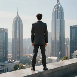 stylish man standing on ledge facing a futuristic city skyline, 4 k - hd