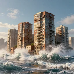 Slum housing emerging from crashing tidal wave landscape, volumetric light , full colour ,4k