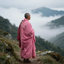 a pink monk wandering trough the mountains looking at the clouds very detailed focused photography cinematic lighting by martin parr