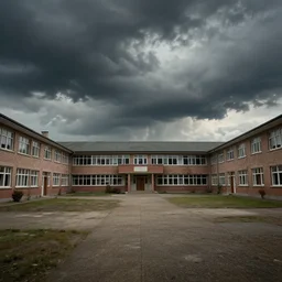 dystopian desolate schoolyard, omnious hdr clouds, dramatic lighting, magic realism by carel willink, edward hopper, film still