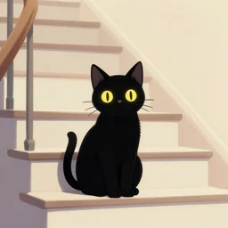 black cat with glowing eyes sitting at the base of a flight of stairs, digital illustration, artstation, artstation hq, hd