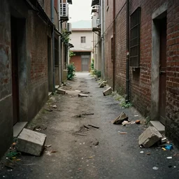 a alley with dead end with some obstacles on the ground, trending on artstation