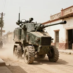 a mechanized war machine standing in the street of dusty Mexican town.