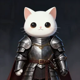 cute white cat wearing medieval suit of armor, illustration, concept art, art by wlop, dark, moody, dramatic
