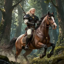 Geralt of Rivia riding a horse in forest, 4k, artstation, cgsociety, award-winning, masterpiece, stunning, beautiful, glorious, powerful, fantasy art