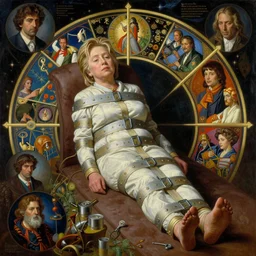 hyper realistic painting of hillary clinton in a straight jacket, in the style of mc escher, wayne barlowe, gustav moreau, goward, gaston bussiere and roberto ferri, santiago caruso, and austin osman spare, bouguereau, mucha, saturno butto, sorayama. occult art, alchemical diagram