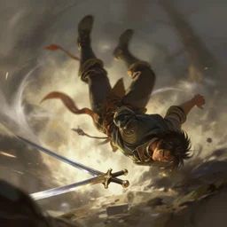 a man tripping over a sword and falling, fantasy, digital painting, volumetric light, intricate, sharp, focus, bloom, illustration, highly detailed, concept art, matte, ruan jia, randy vargas, greg rutkowski