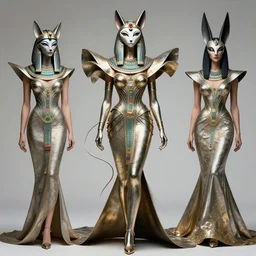 cat goddess editorial by iris van herpen, ancient egyptian haute couture by alexander mcqueen, kitsune still frame from'stargate'( 1 9 9 4 ), haute couture portrait of goddess kitsune by marek okon, expressive metal couture editorial portrait by malczewsk