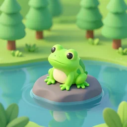 a cute little frog sitting on a rock in the middle of a forest lake, isometric minimalist 3d render, unreal engine 5
