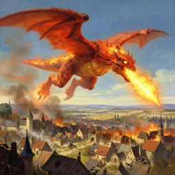 a beautiful artwork illustration, a giant fire-breathing monster flying over a medieval village, destruction, by Greg Rutkowski and Jesper Ejsing and Raymond Swanland, featured on artstation, wide angle, vertical orientation