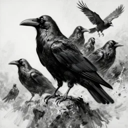 highly detailed black and white oil painting of ravens by greg tocchini, by riccardo federici, by thomas blackshear, by jeremi lipking, by greg manchess, by laurie greasley, splash, brush strokes, elegant, cinematic light, sharp focus, illustration, harmony, dynamic composition, masterpiece, ink draw, pen,