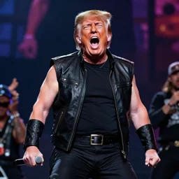photo in front of Donald trump screaming when performing in a heavy metal concert , 4k, high detailed photo