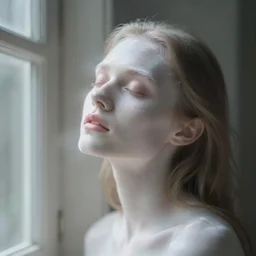 out of focus photorealistic woman at the windows by anne magill, very blurry, translucent white skin, closed eyes, foggy