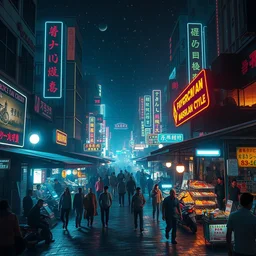 an atmospheric lighting illustration of a busy market in a cyberpunk jeddah city at night in neon lights by john alvin render octane cyberpunk glowing particles