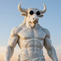 shiny marble sculpture of moloch wearing round sunglasses, digital art, classical art, sharp focus, clear sky, muscular bull headed man, sunset