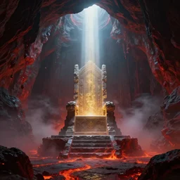 a epic concept art by barlowe wayne, gustave dore and greg rutkowski. magma. fantasy cave palace of bad omens. dark red, light grey blue and golden colour scheme. fier in fog!! dante's divine comedy, light effect. a beam of light fell on the stone throne!! 3 d, ultra clear detailed. octane render. 8 k