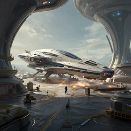 beautiful render of an alien technoworld spaceport, unreal engine, concept art, alien spaceship, soft light, by andree wallin and james clyne, cgsociety