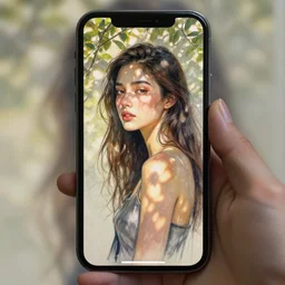 lain iwakura is drawn in smears, is on a phone screen, she is illuminated by sunlight shining through tree leaves, elaborate polished, trending on artstation, by ilya kuvshinov, krenz, cushart, greg rutkowski, sublime - classy - dignified ambience, 1 6 k, sharp focus, volumetric lighting