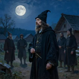 portait of a 1 9 th century hungarian wizard in a hungarian village. atmospherical, full moon, blue tones, magical, natural lighting, dust, soft focus, oil canvas by munkacsi, greg rutkowsk, marc simonetti, hollosy simon and da vinci