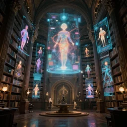 interior ancient mystical library, glowing holographic projections, highly detailed, cinematic, synthwave, tim white, vladimir kush, chris foss, roger dean, philippe druillet, michael whelan, lisa frank, bob eggleton, alfred kelsner, kubrick