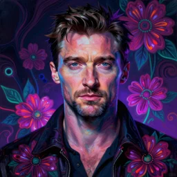 portrait of hugh jackman, hyper detailed masterpiece, neon floral pattern, jean giraud, digital art painting, darkwave goth aesthetic, psychedelic, artgerm, donato giancola and tom bagshaw