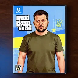 volodymyr zelensky gta cover art with ukrainian themed colors.
