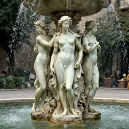 a statue of three nymphs circling a fountain, beautiful atmosphere, film still from the movie directed by denis villeneuve with art direction by salvador dali, wide lens, 4 k, realistic