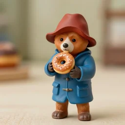 detailed figurine depicting paddington eating a donut