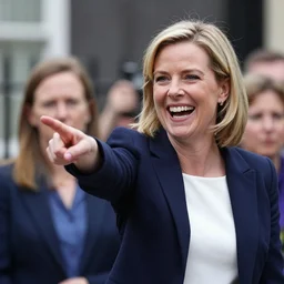 liz truss pointing at poor people and laughing, photorealistic