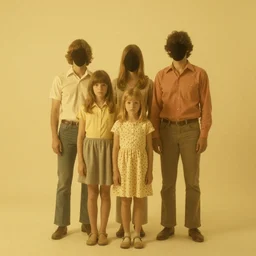 Low quality digital photo of a faceless family in the 70's, with a mysterious yellow fog encapsulating the scene