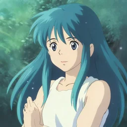 aqua from konosuba, painting, cool color palette, refreshing, soft lighting, by hayao miyazaki