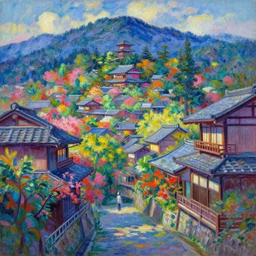a beautiful japanese city in the mountain, amazing ryokans and gorgeous edo era houses, epic cyberpunk, lofi vibe, colorful, vivide colors, amazing light, really beautiful nature, oil painting in impressionist style, by jeremy lipkin, by claude monet, by makoto shinkai, by van gogh, multiple brush strokes, inspired by ghibli, masterpiece, beautiful