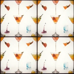 seamless pattern of cocktails, colourful, symmetrical, repeating 35mm photography